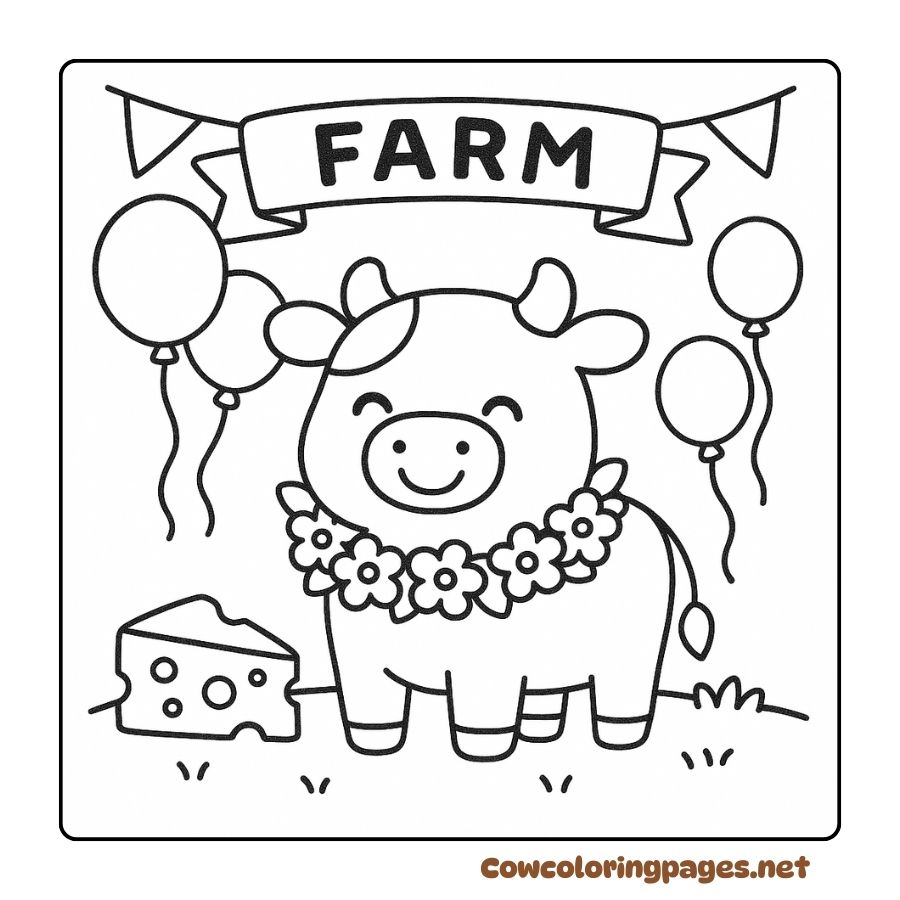Cow Coloring Page with a Wreath for a Farm Party