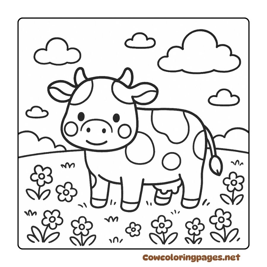 Cow Coloring Page Between Flowers and Clouds