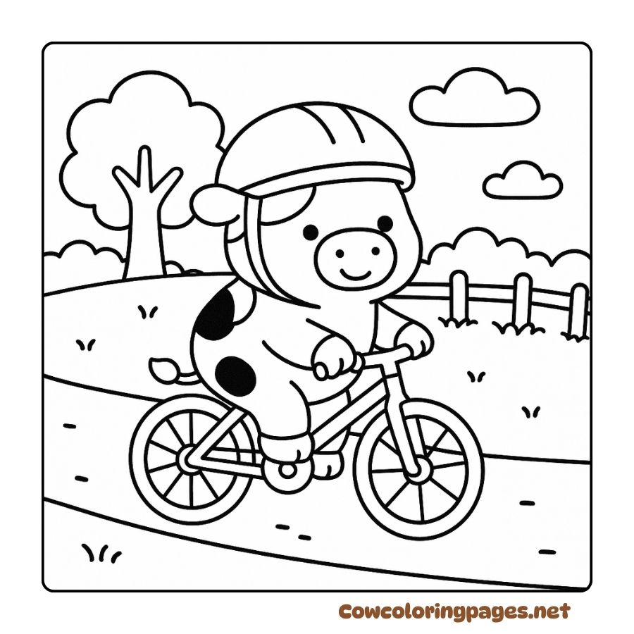 Cow Coloring Page Cycling in Bright Nature