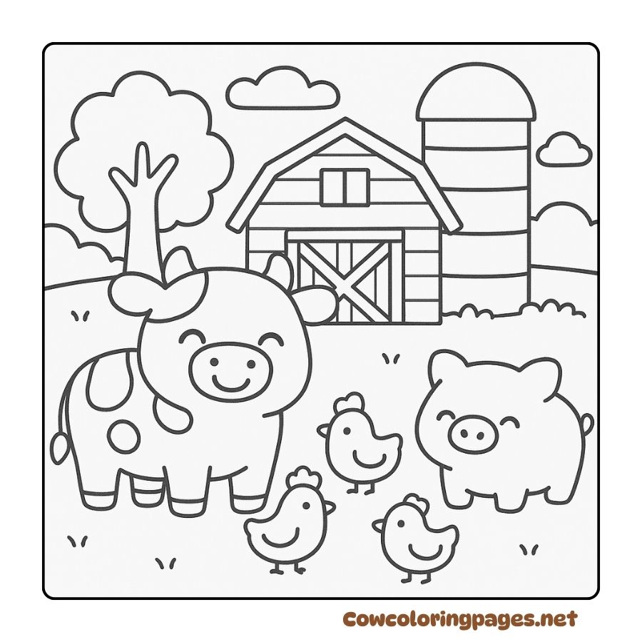 Cow and Pig Coloring Page in Front of a Farm