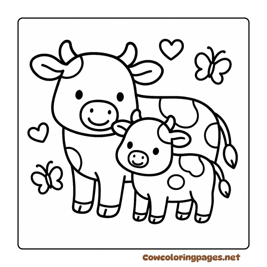 Adorable Mother Cow and Calf Coloring Page with Hearts and Butterflies