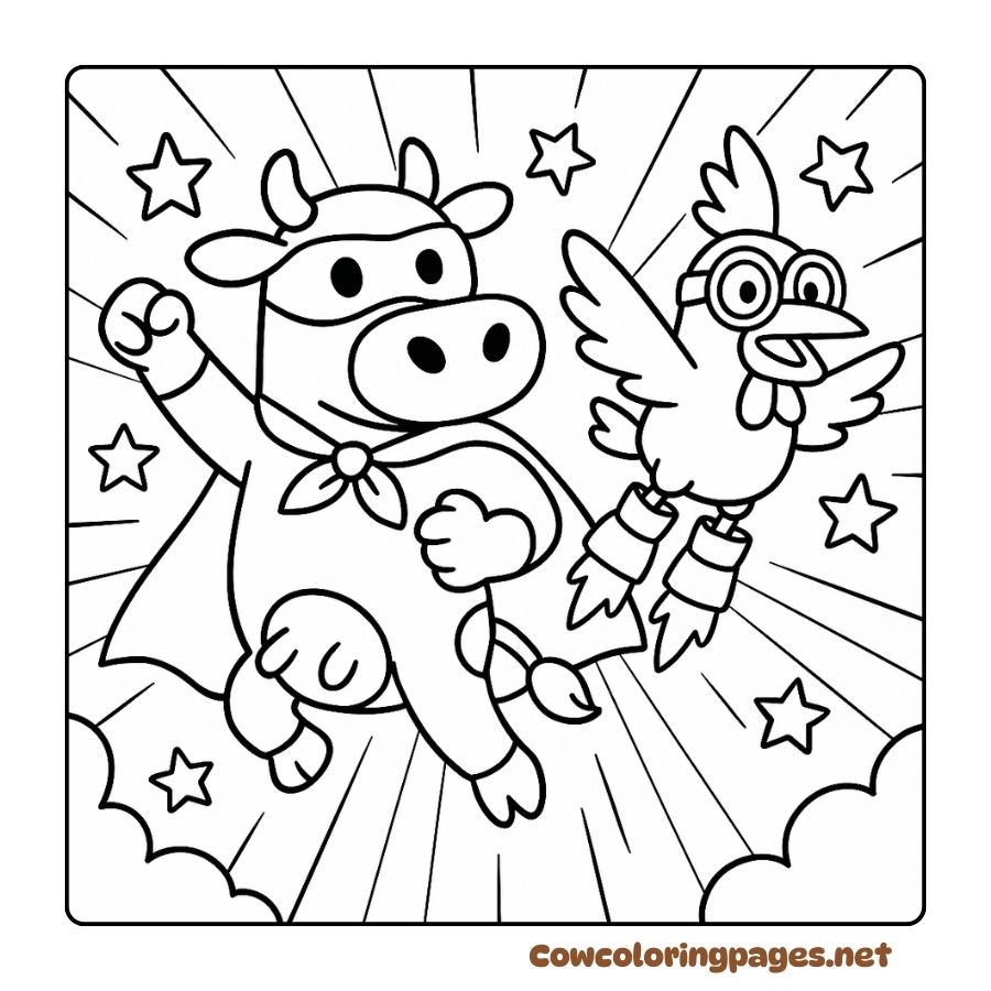 Coloring page of a cow and a chicken flying like a space superhero