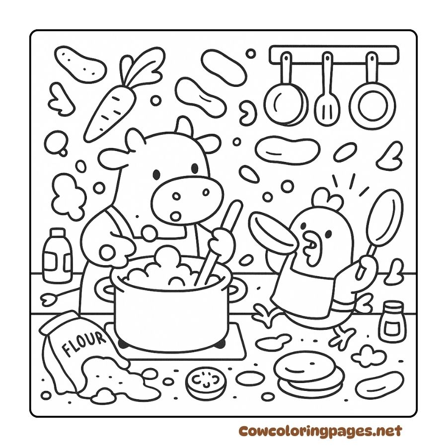 Coloring page of a cow cooking super fun with a cute chicken