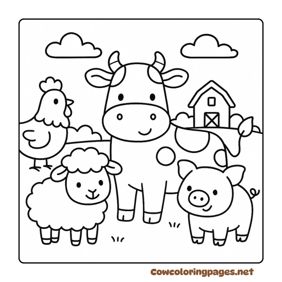 Cow and cute country animal friends coloring page