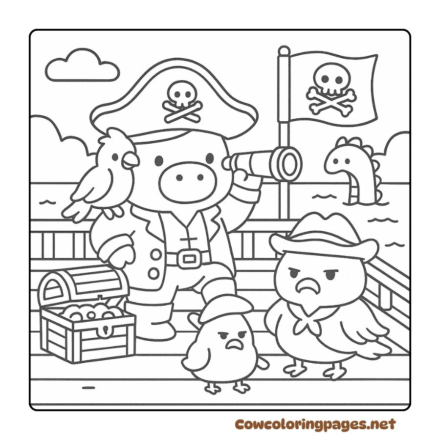 Coloring page of a cow playing pirate with a chicken on a treasure ship