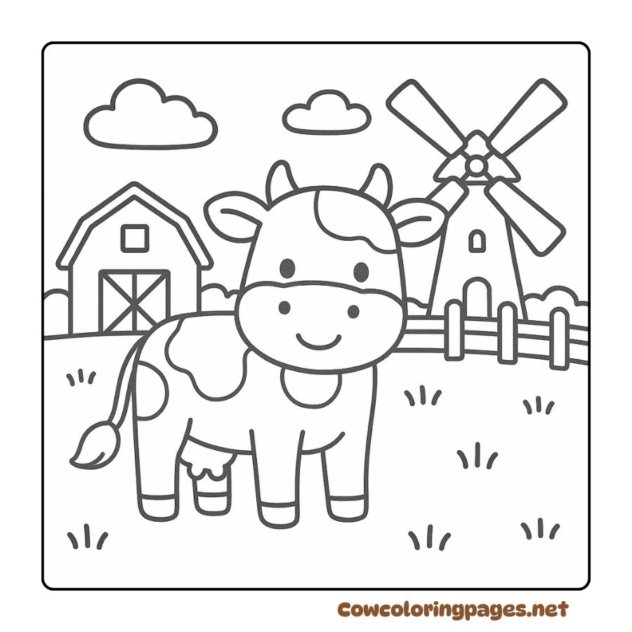 Cow standing in the middle of the field with a barn and a windmill behind it