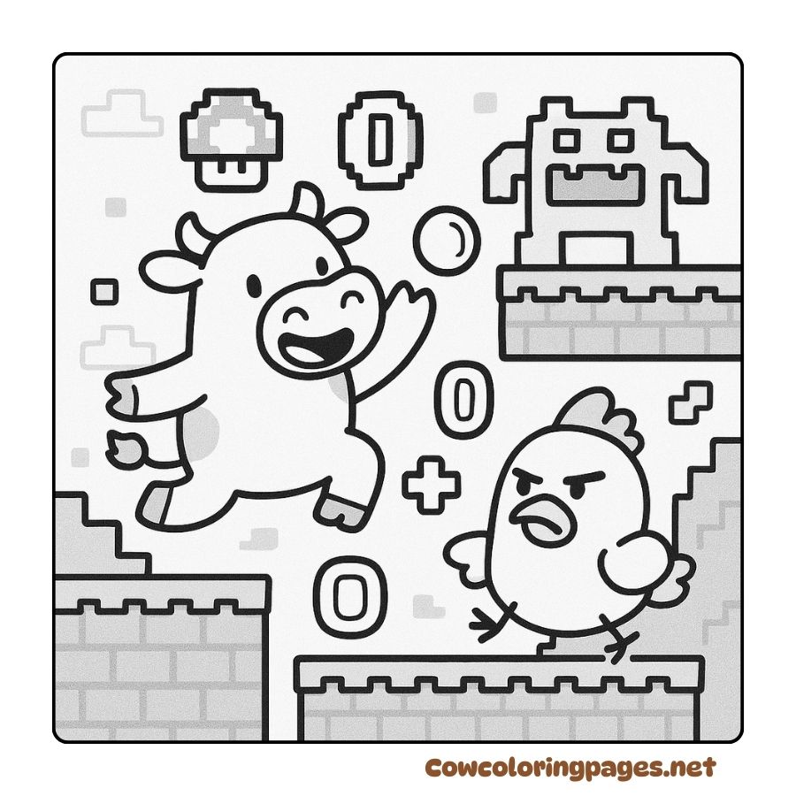 Coloring page of a cow playing games with a chicken is extremely funny