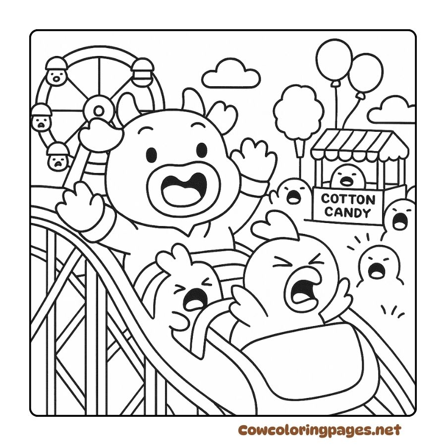 Coloring page of a cow screaming loudly on a bustling roller coaster