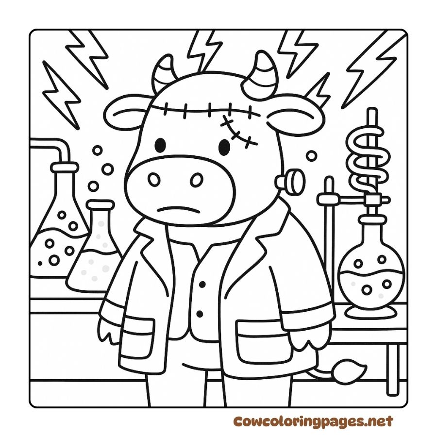 Frankenstein Cow Coloring Page in the Laboratory