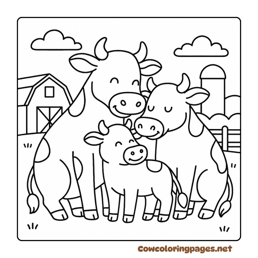 Cow family in fun coloring page on the farm