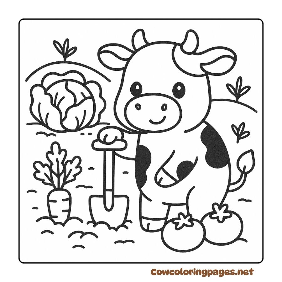 Cow coloring page tending the garden, pulling carrots and tomatoes