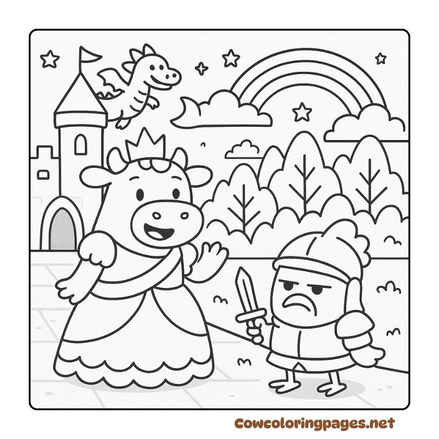 Coloring page of a princess cow and a swordsman chicken in a fairy tale world