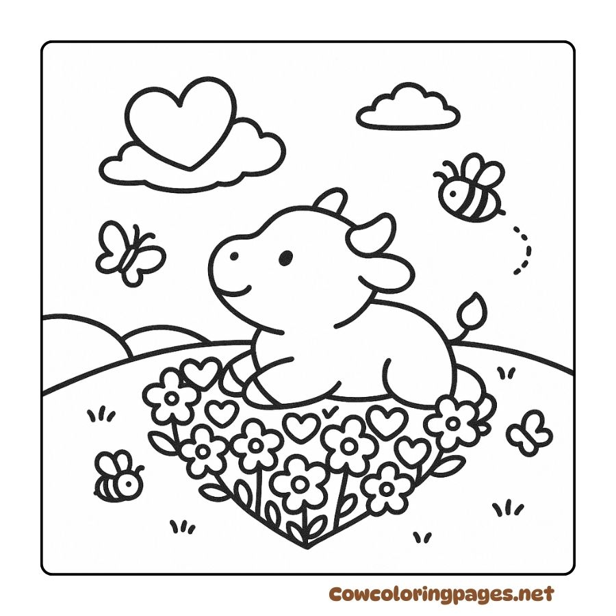 Coloring of cows lying among flowers and Valentine's butterflies