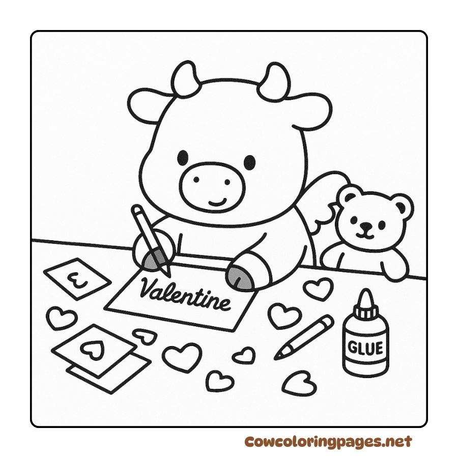 Coloring pages of baby cows making Valentine's cards with bears