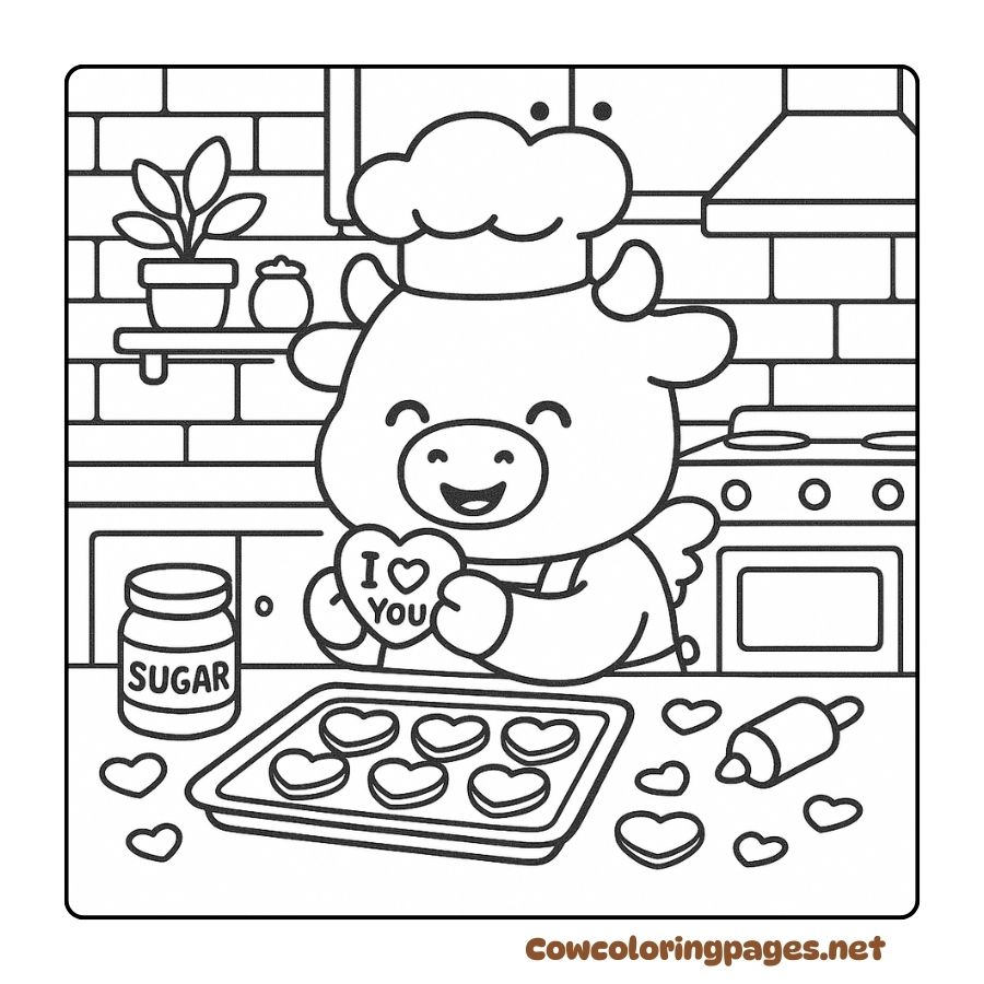 Coloring of chef cows and sweet Valentine's cake