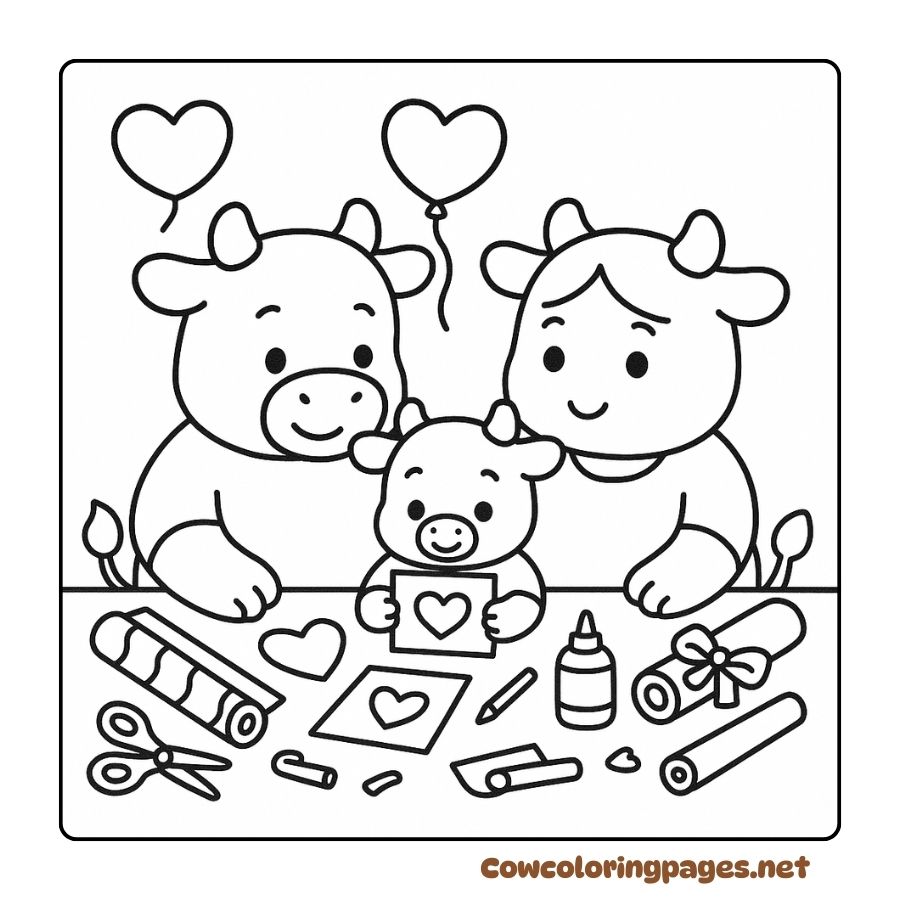 Coloring pictures of cow families making crafts together