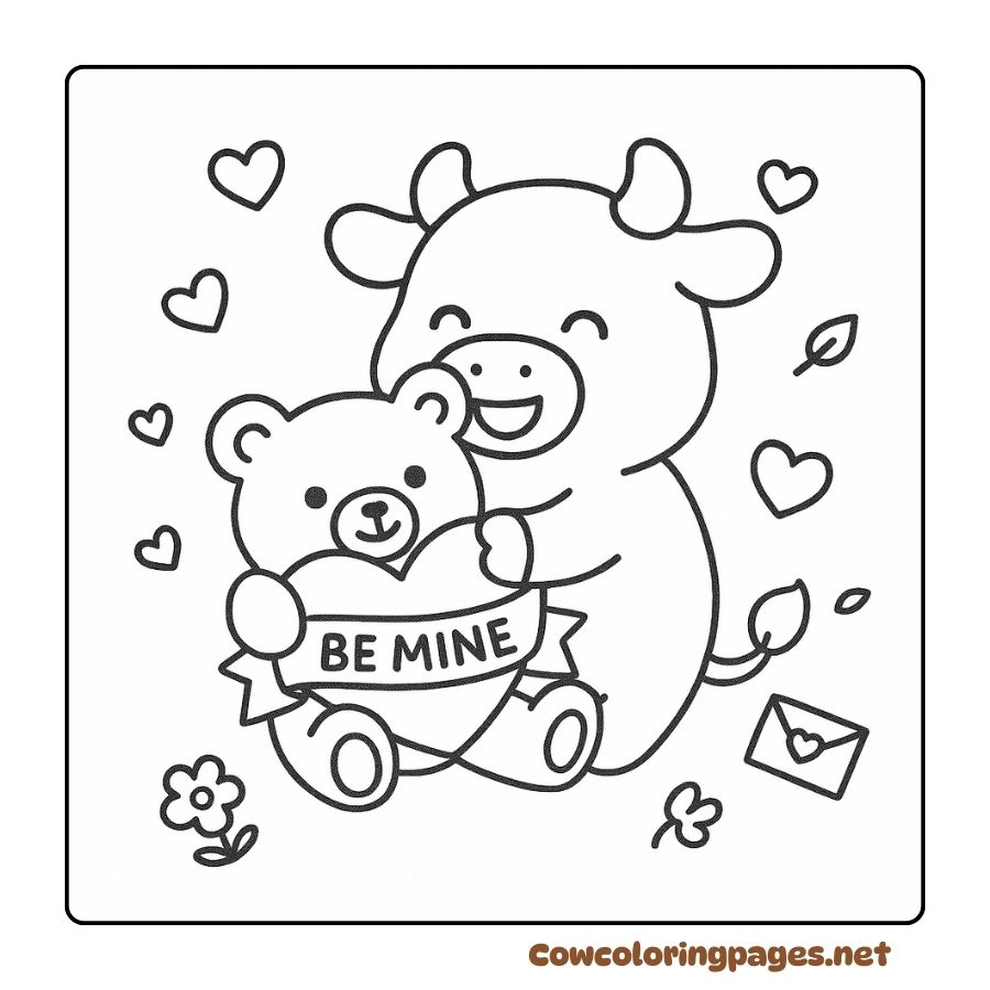 Coloring of cows hugging bears and hearts "Be Mine"