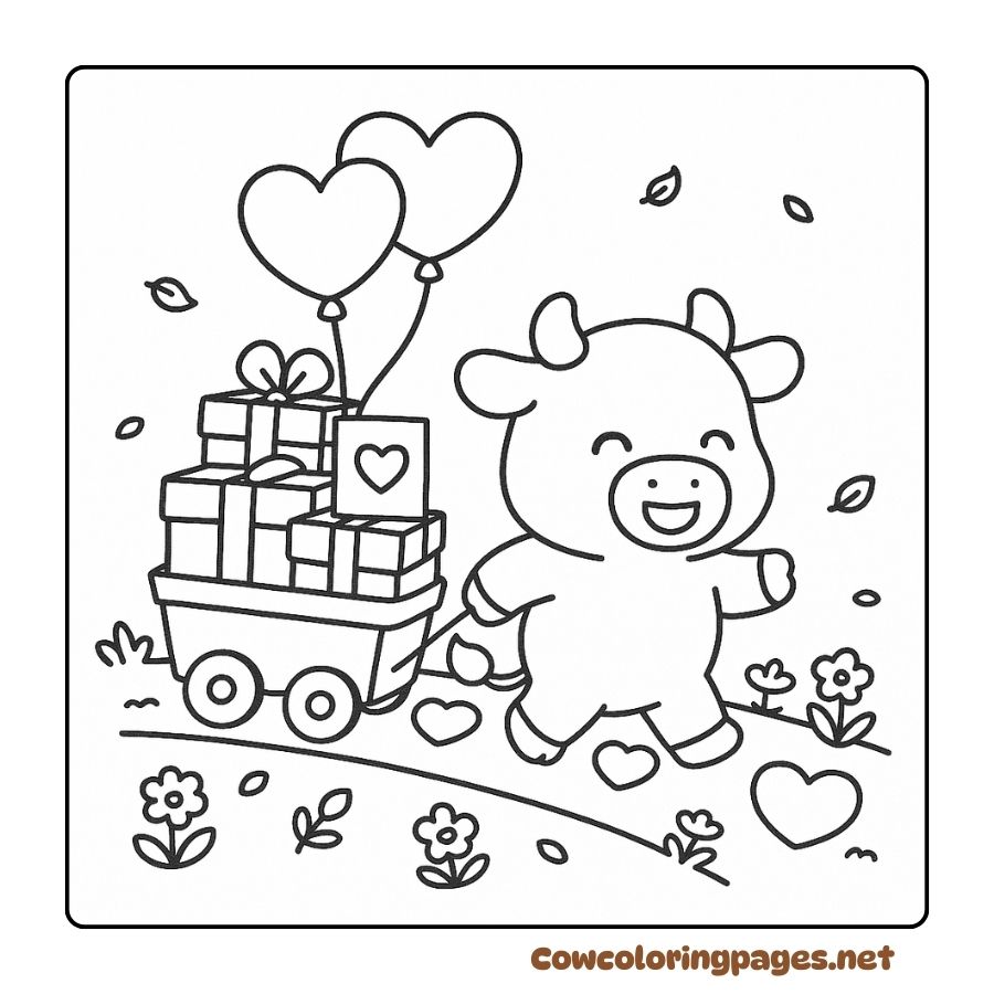 Coloring of cows pulling gift carts and flying heart balloons