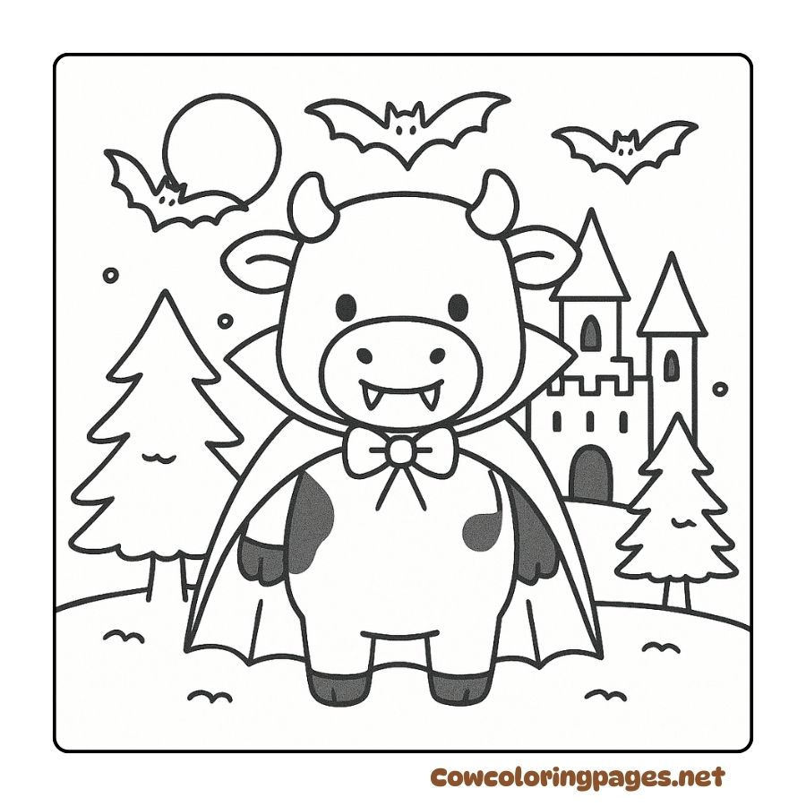 Dracula Cow Coloring Page in Front of a Castle in the Night Forest