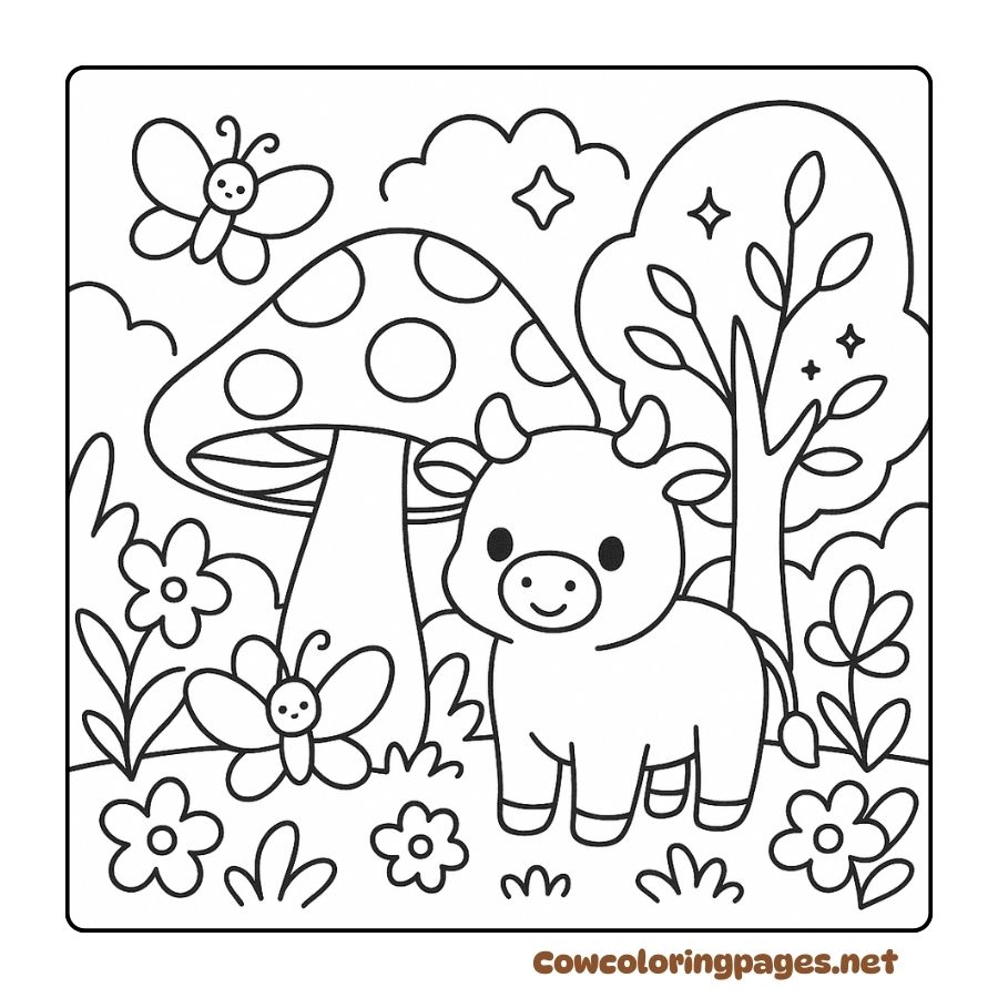 Coloring page of a baby cow exploring the forest with giant mushrooms