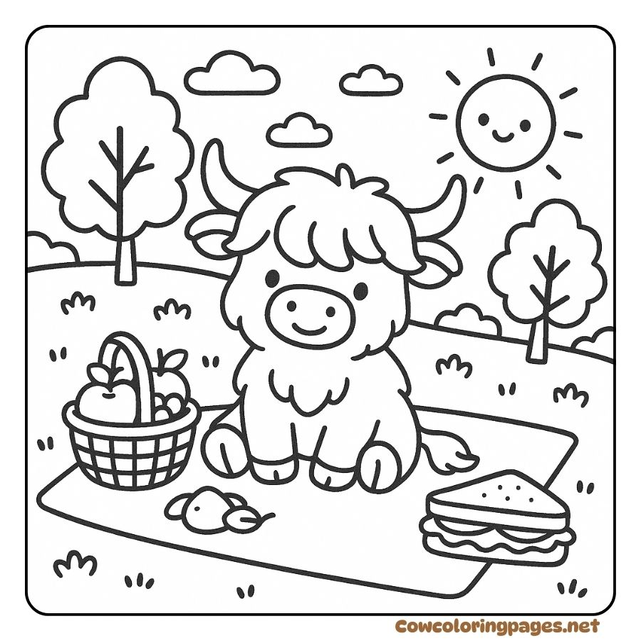 Coloring page of a picnic cow with fruits and delicious sandwiches