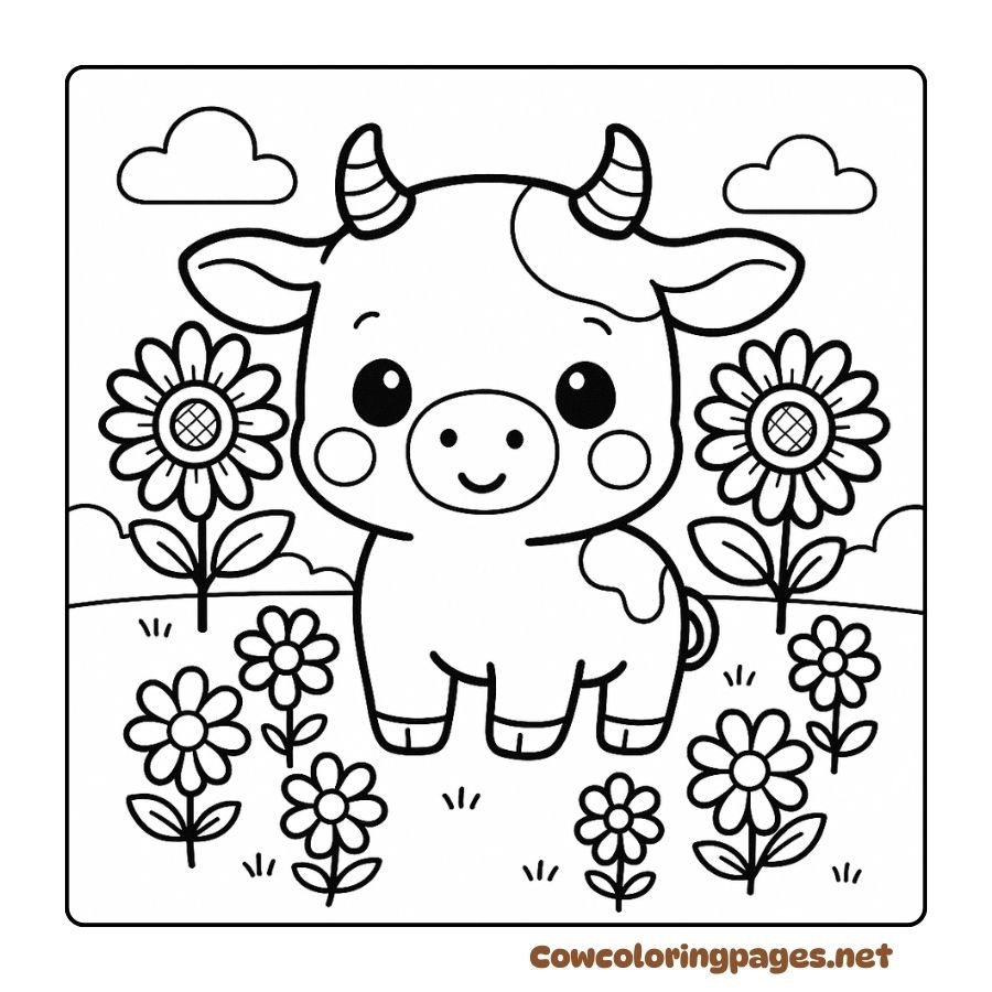 Coloring page of a cute baby cow in the middle of a lovely flower garden