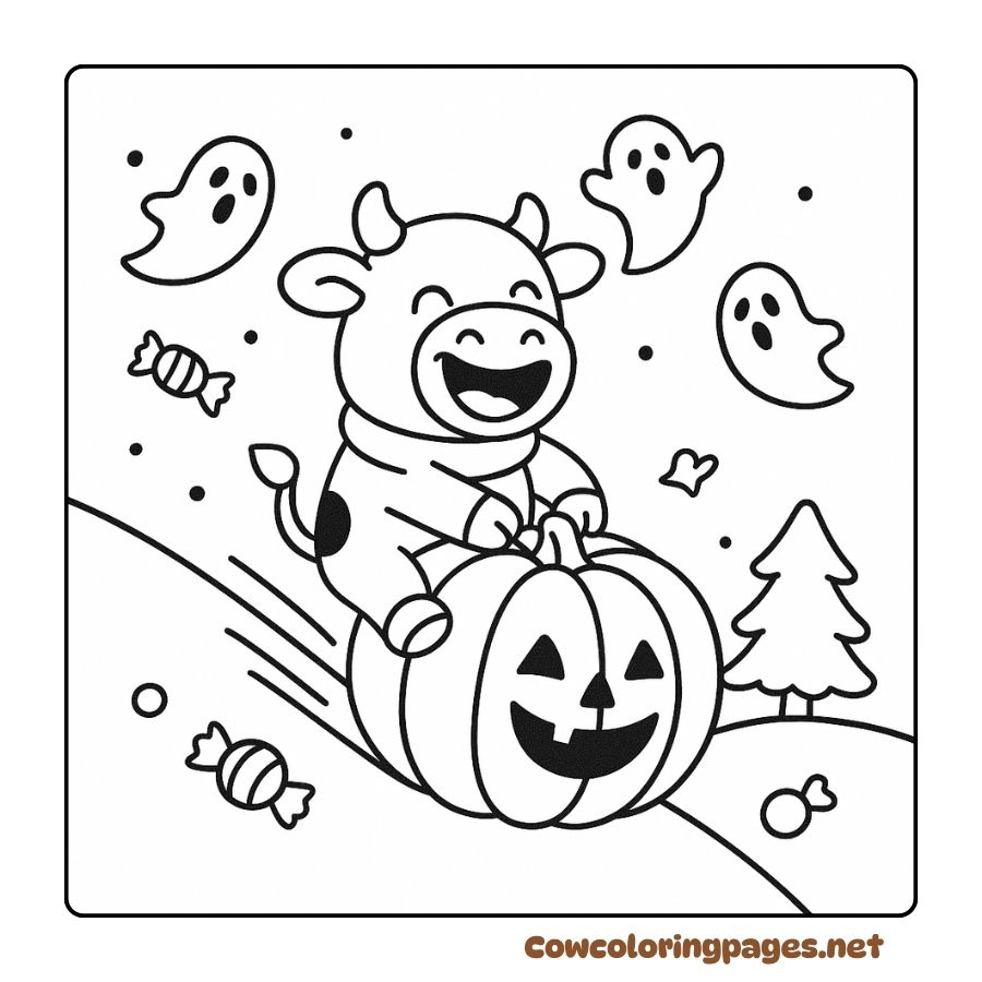 Funny Baby Cow Coloring Page Sliding on a Halloween Pumpkin