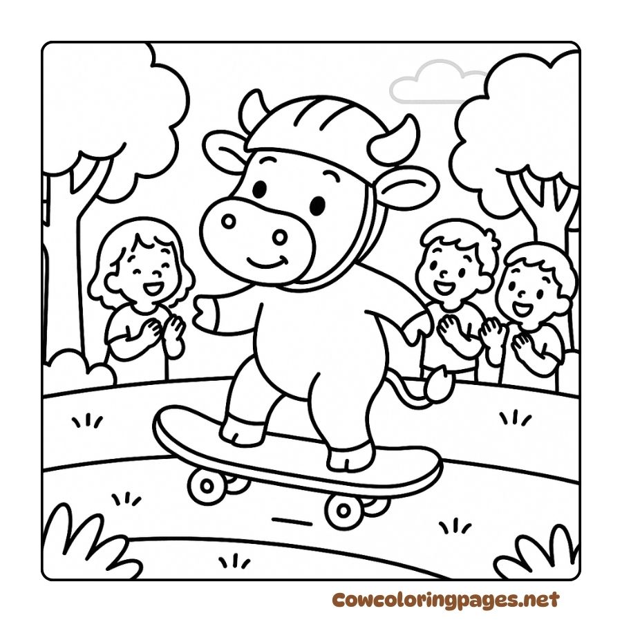Coloring Page Cow Skateboarding in a Helmet