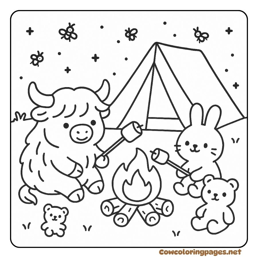 Coloring page of a cow roasting candy with a cute rabbit and bear