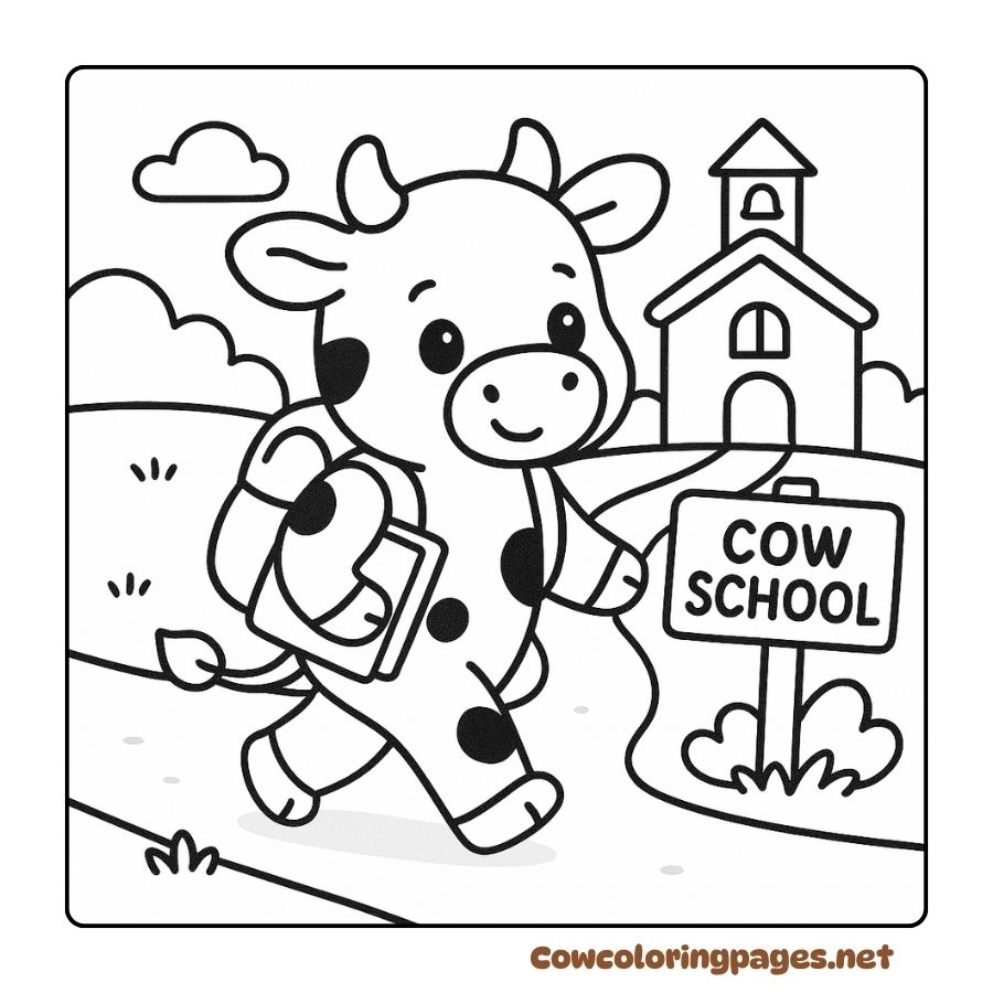 Cow carrying school bag in fun coloring page