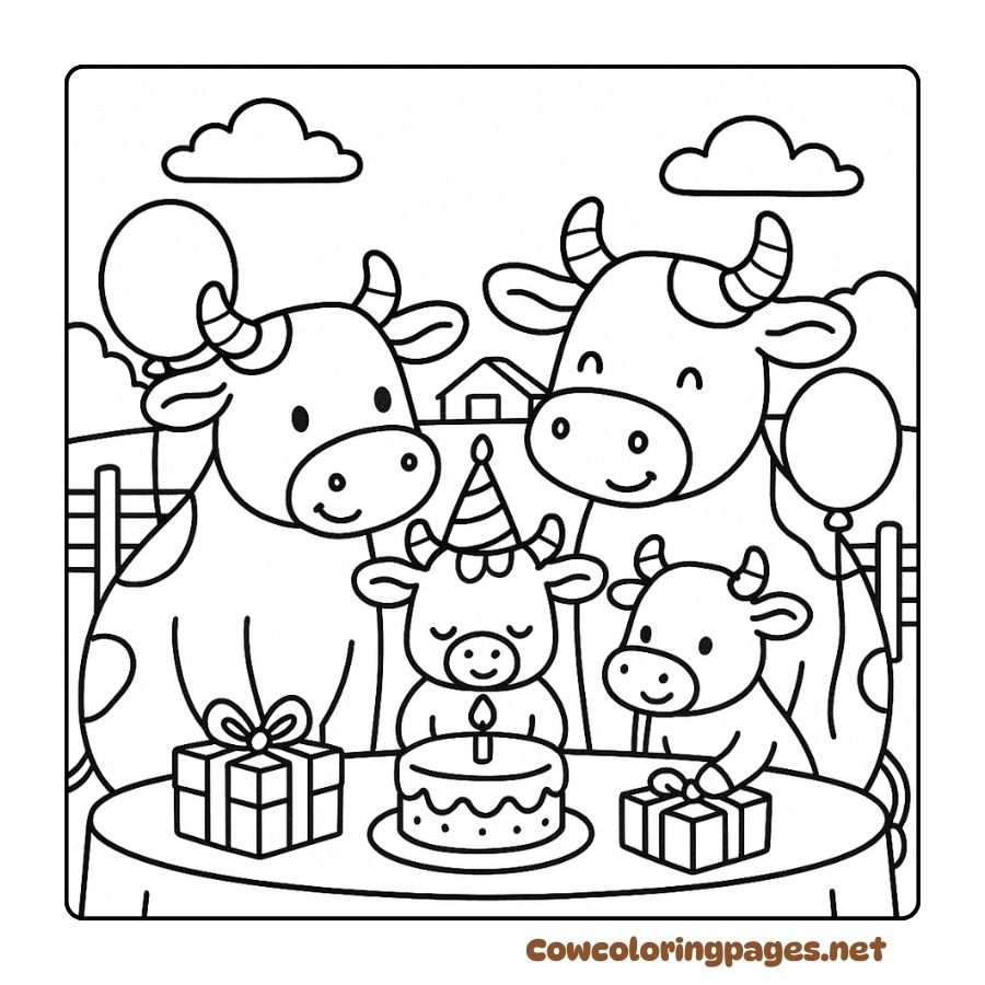 Cow Family Celebrates Birthday Party With Cake And Balloons