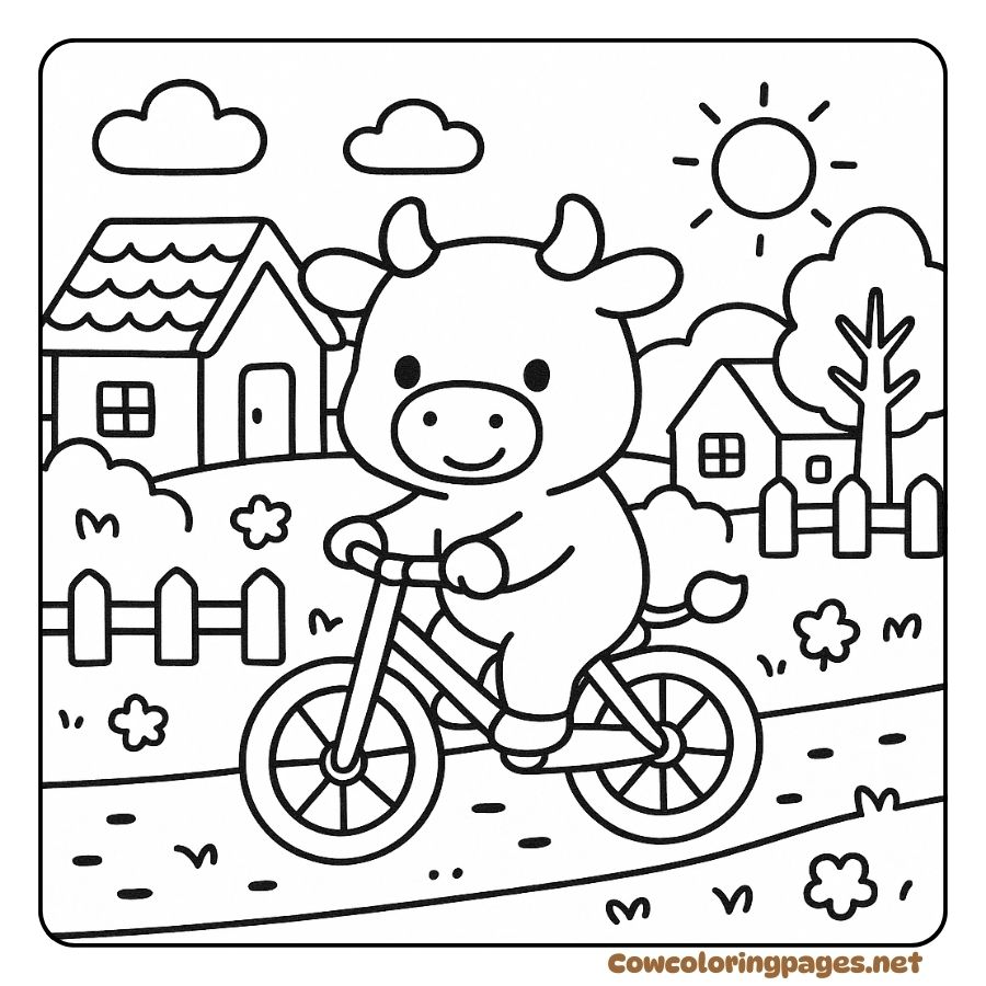 Coloring page of a cow riding a bicycle on a village road