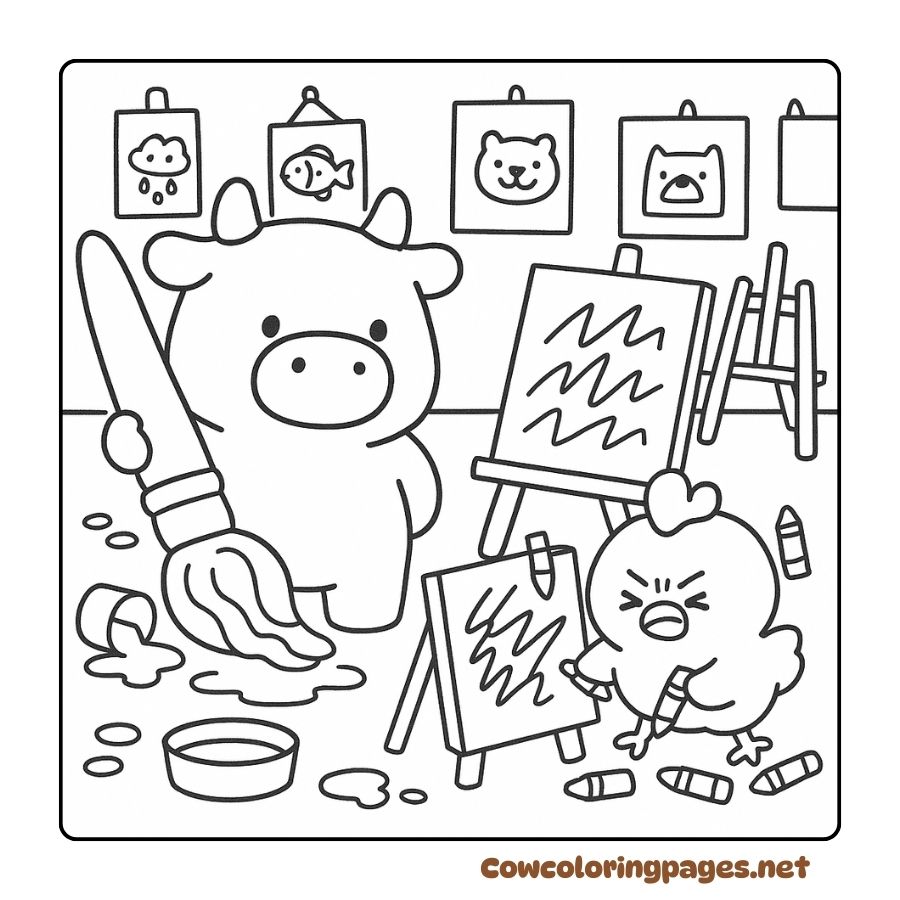 Coloring page of a cow drawing with a chicken in art class