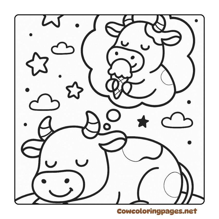 Cow Dreaming of Eating Ice Cream Cute Coloring Page