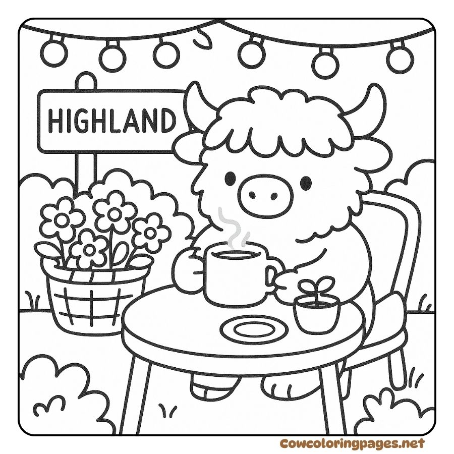 Coloring page of a Highland cow sipping coffee in the morning