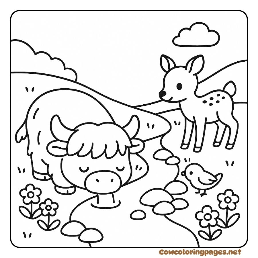 Coloring page of a cow drinking spring water with a deer and a small bird