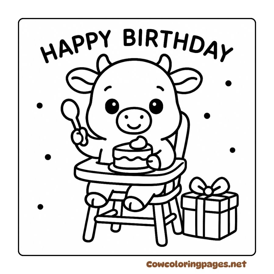 Baby Cow Sitting Eating Birthday Cake In Cute High Chair