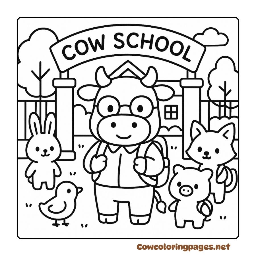 Coloring Page Cow Wearing Glasses Going to School with Animal Friends
