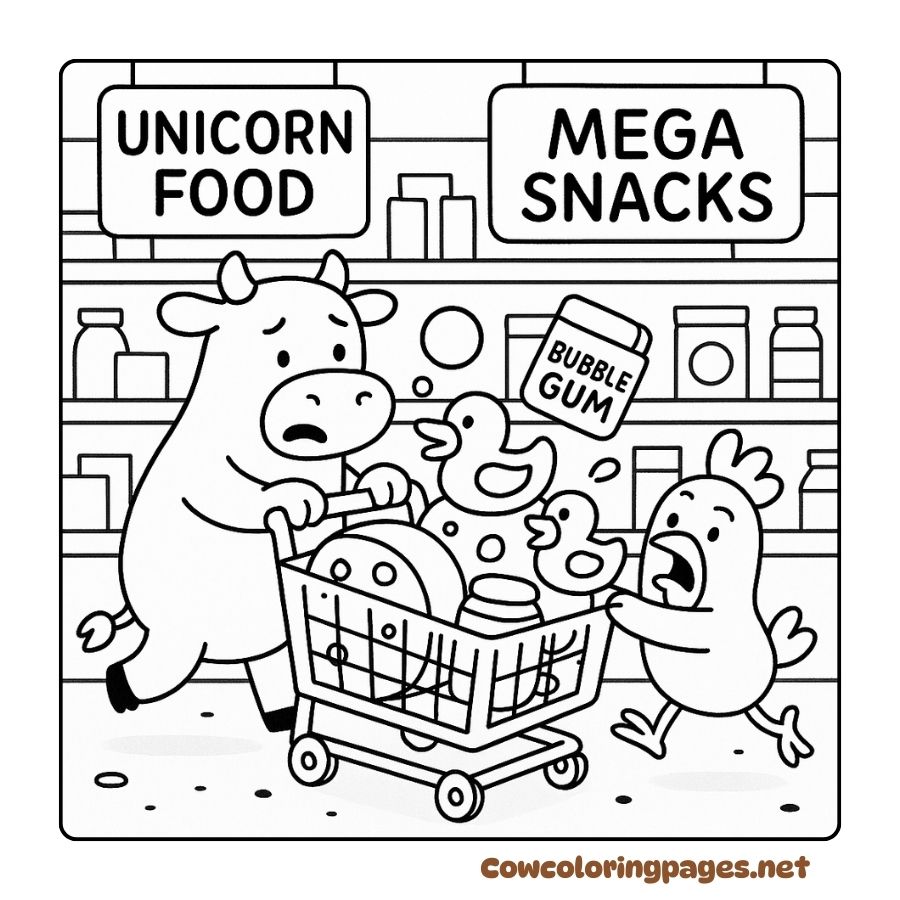 Coloring page of a cow shopping at a weird toy supermarket
