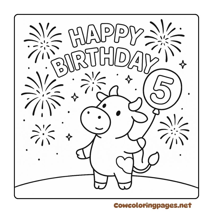 Little Cow Holding Balloon Number 5 Amongst Bright Birthday Fireworks