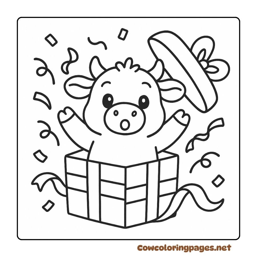Cute Cow Pops Up From Gift Box In Birthday Coloring Page