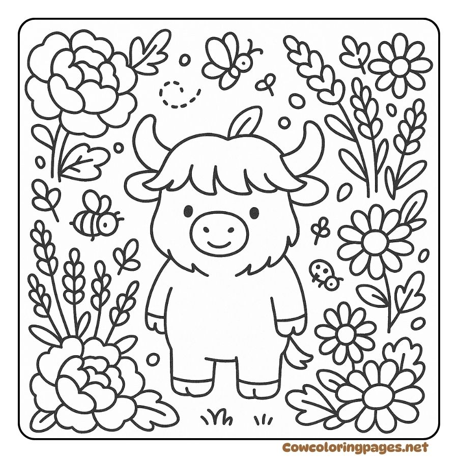 Coloring page of a cow standing in the middle of a forest of bright flowers