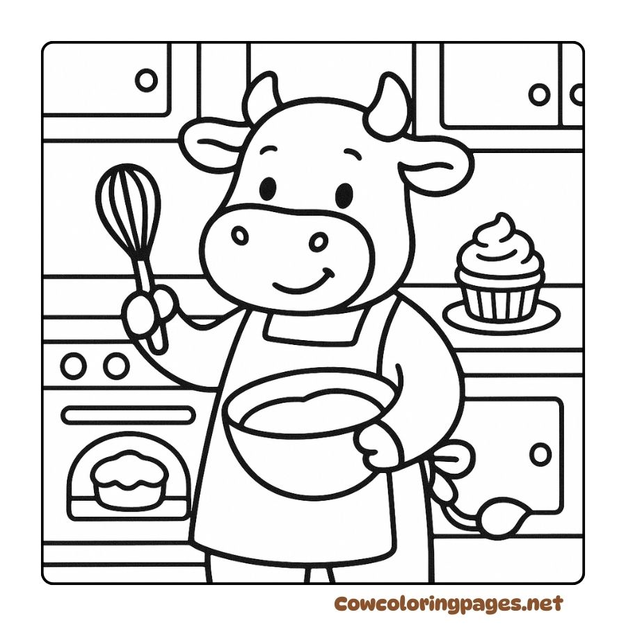 Cow Holding Egg Beaters Making Cakes – Kitchen Coloring Page