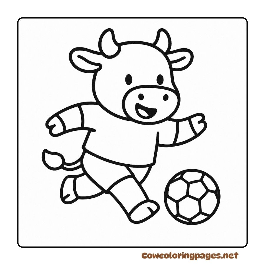 Coloring page of a cow playing soccer with a round ball