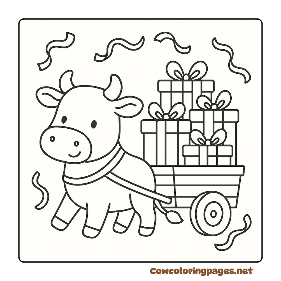 Cute Cow Pulling A Cart Full Of Gifts Coloring Page