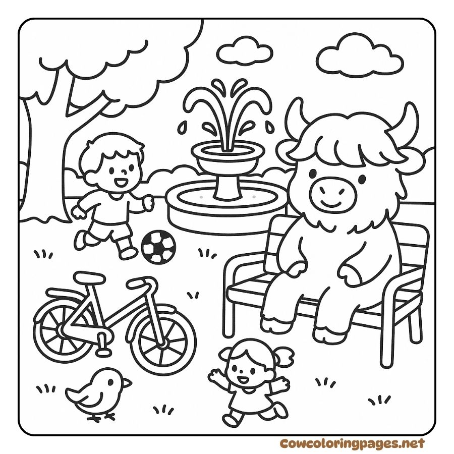 Coloring page of a cow resting in the park with children