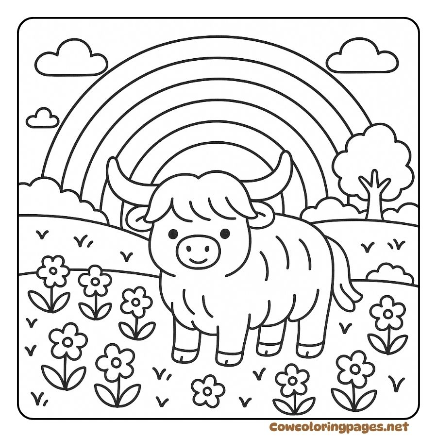 Coloring page of a cow watching a rainbow in a field of flowers