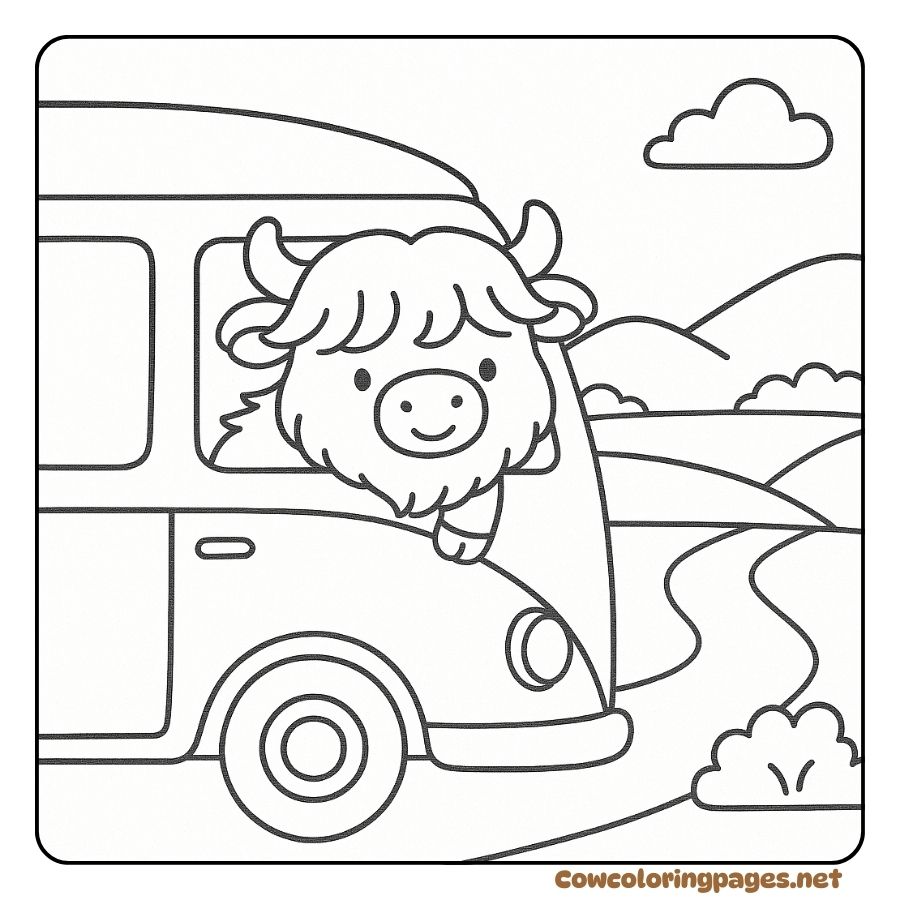 Coloring page of a cow sticking its head out of the bus window to enjoy the scenery