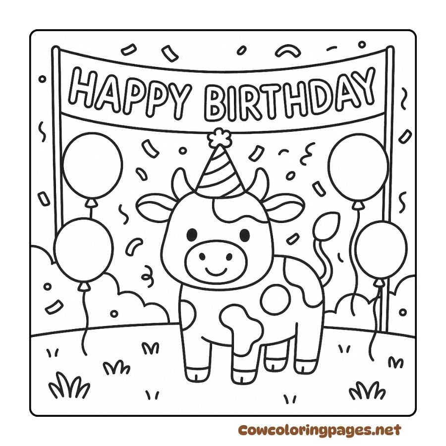 Cow Birthday Coloring Page With Hat, Balloons And Fireworks