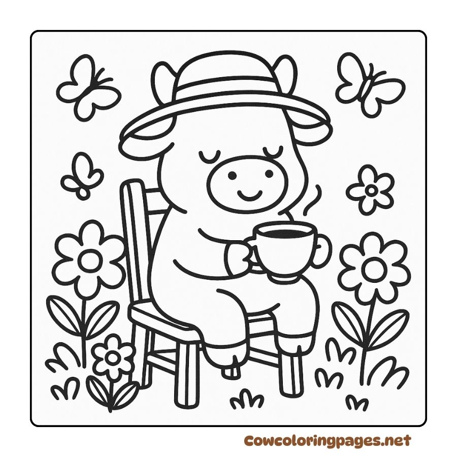 Coloring Page Cow Sitting Drinking Tea in a Field of Flowers